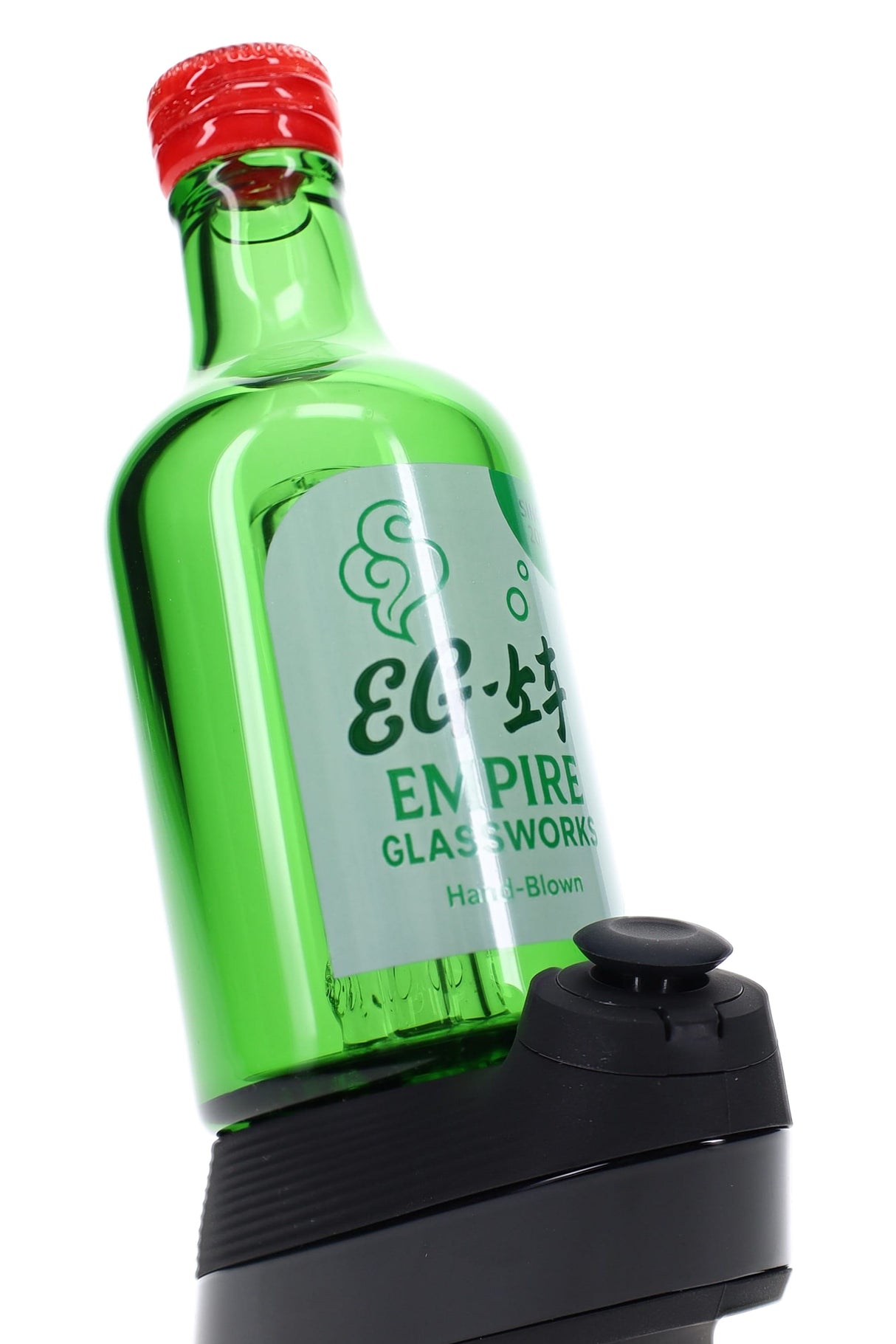Empire Glassworks Soju Bottle Puffco Peak attachment with green bottle body and red cap detail