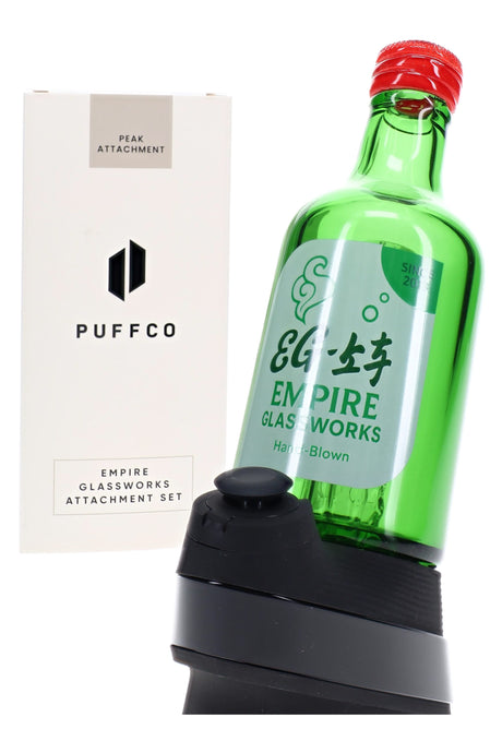 Empire Glassworks Soju Bottle glass top angled view with label artwork and water filtration body