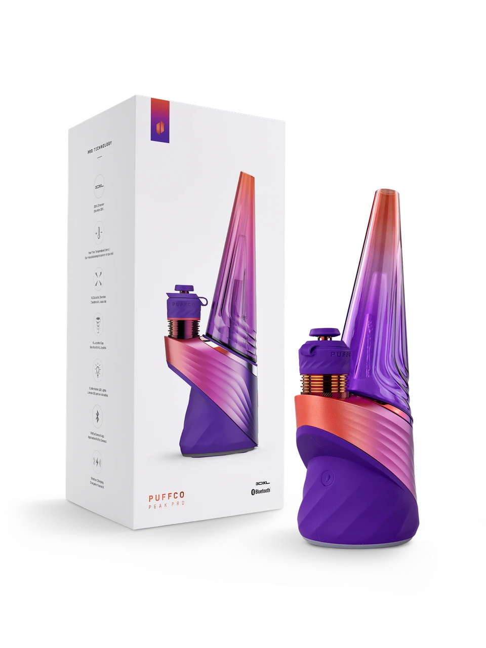 Puffco Peak Pro 3DXL Plasma e-rig in purple and orange beside its white retail box