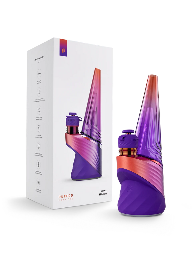 Puffco Peak Pro 3DXL Plasma e-rig in purple and orange beside its white retail box