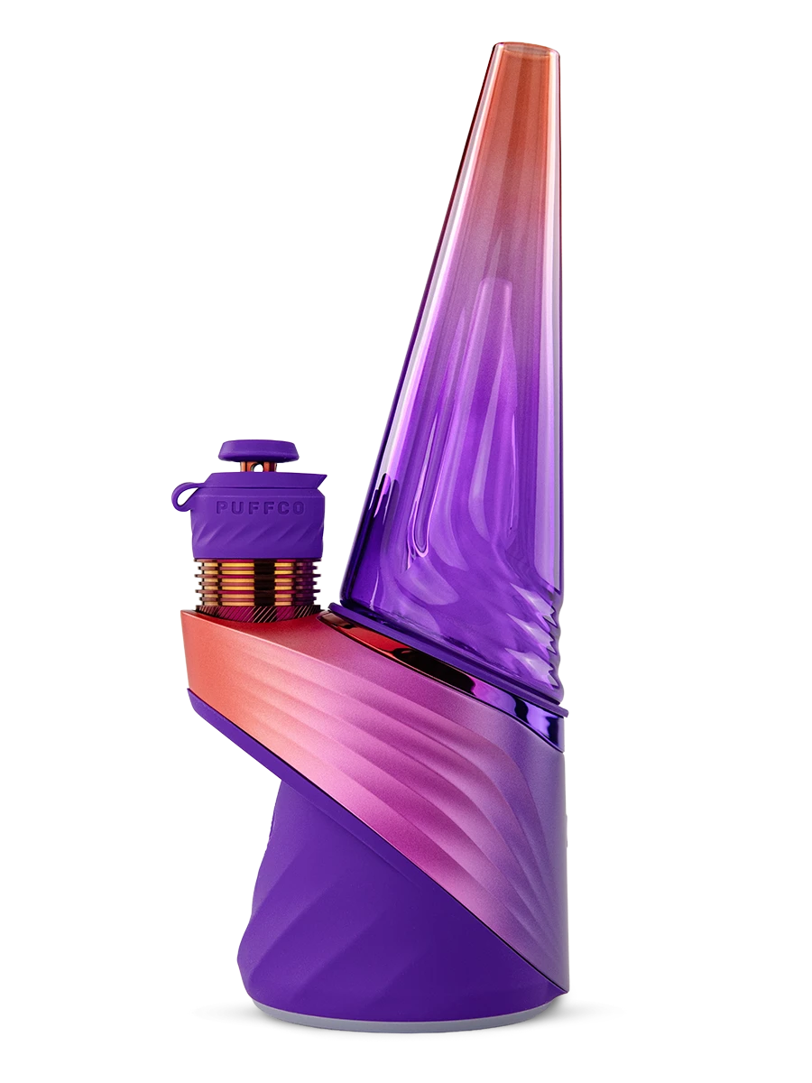 Side view of the Puffco Peak Pro Plasma with sculpted purple base and orange-to-violet glass