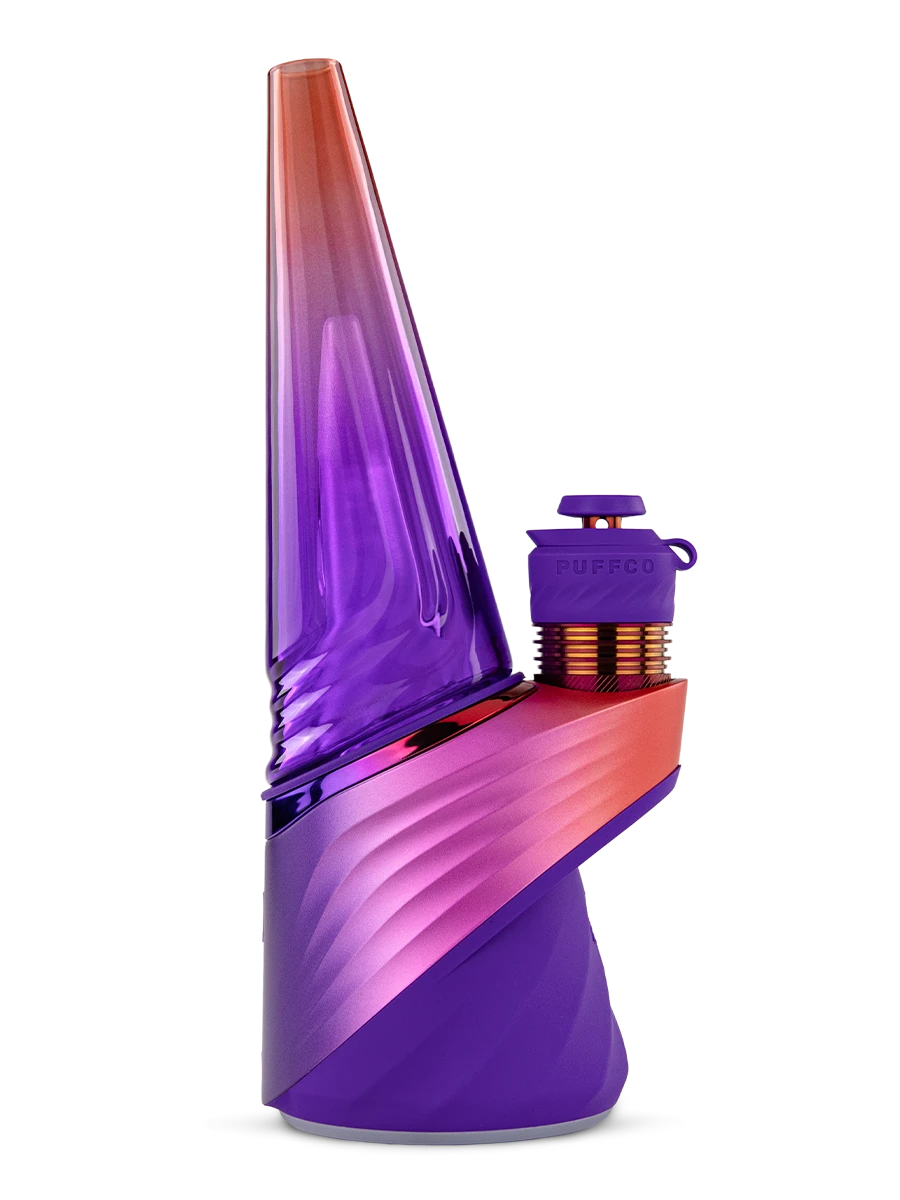 Opposite side of the Puffco Peak Pro Plasma showing its curved metallic band and purple glass top