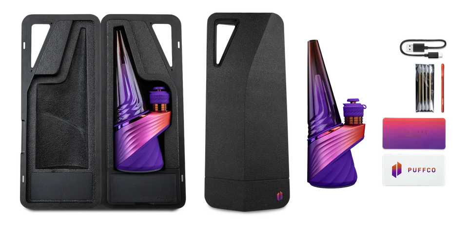 Puffco Peak Pro Plasma kit with open and closed carry case views, USB-C cable, swabs, loading tool and cards