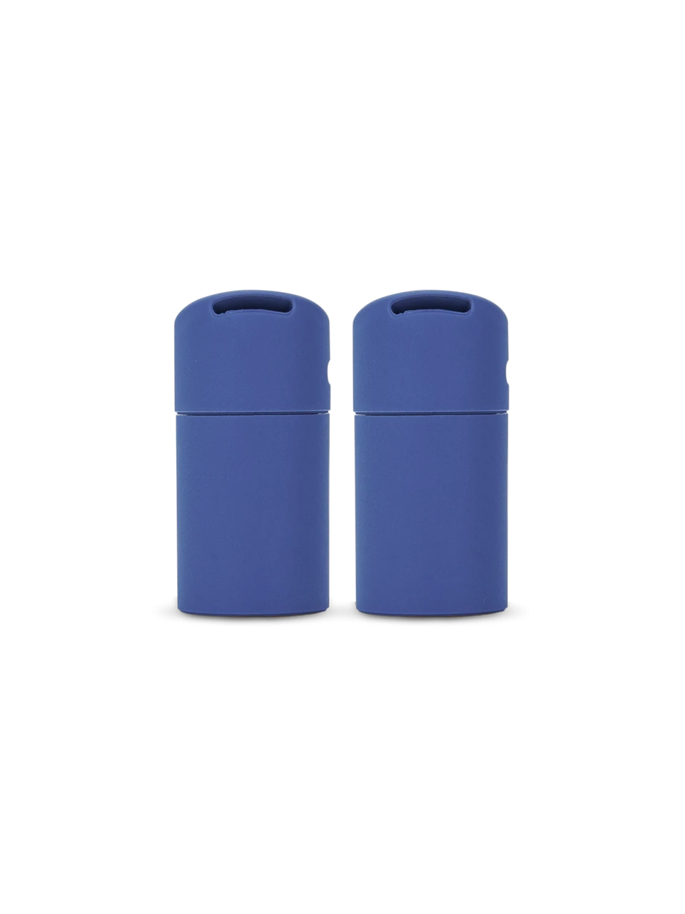 Two Sapphire blue Puffco Pivot mouthpieces standing side by side with rounded caps and wide openings