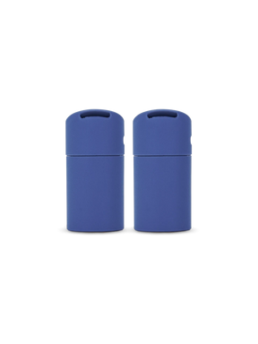 Two Sapphire blue Puffco Pivot mouthpieces standing side by side with rounded caps and wide openings
