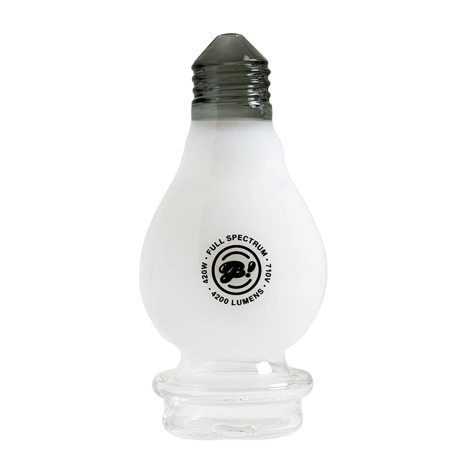 BigFun! Lightbowlb Peak glass top with a white bulb-shaped body, black logo, and smoky gray ridged mouthpiece