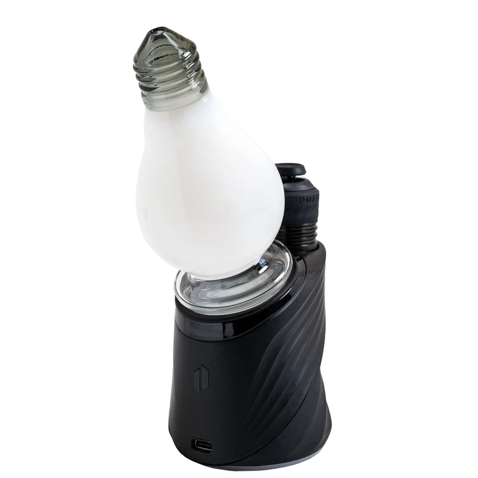 Elevated rear angle of the BigFun! Lightbowlb Peak Top on a black Puffco device, showing the mouthpiece opening