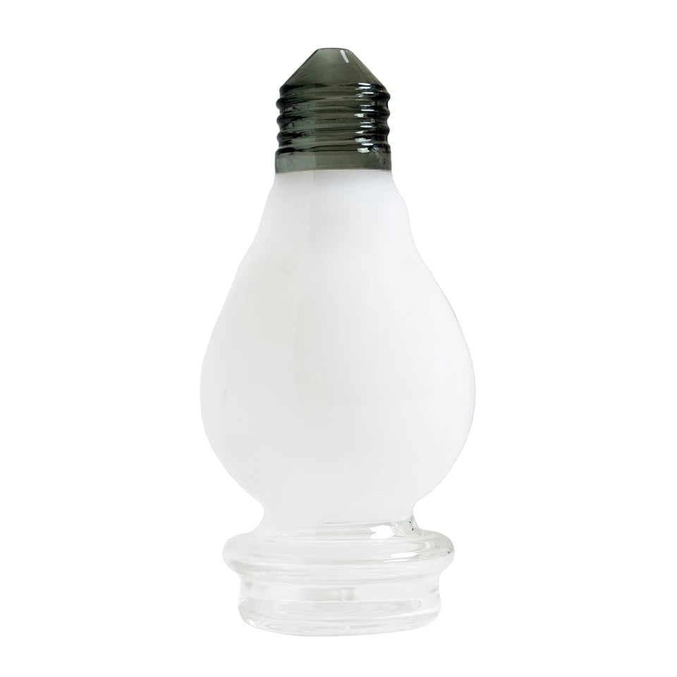 Unprinted side of the white BigFun! Lightbowlb Peak Top with a gray ridged mouthpiece and clear base