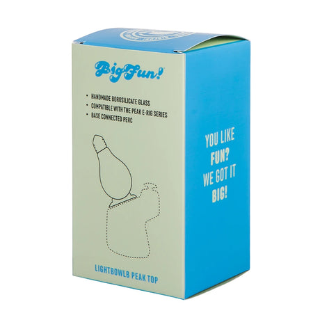 Back of the BigFun! Lightbowlb Peak Top box listing borosilicate glass, Peak-series compatibility, and a base-connected perc