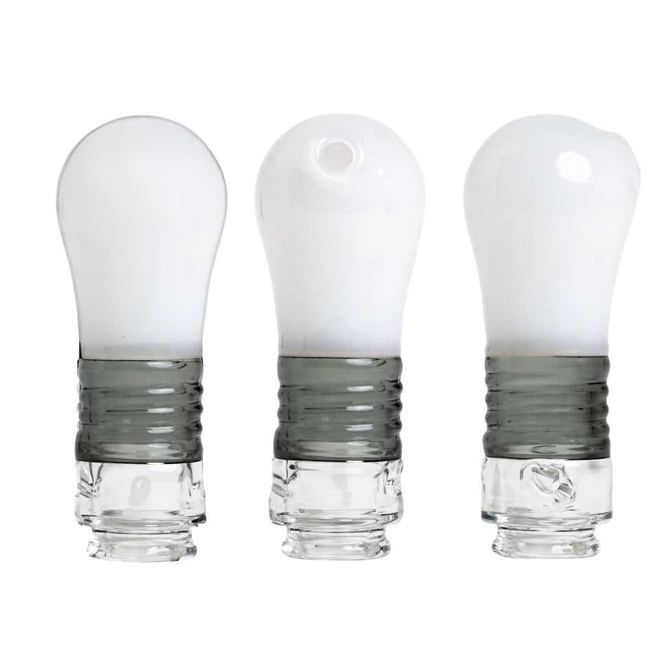 Three views of the BigFun! Lightbowlb Pivot Top showing its bulb shape, mouthpiece opening, and clear base