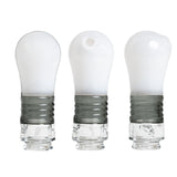 Three views of the BigFun! Lightbowlb Pivot Top showing its bulb shape, mouthpiece opening, and clear base