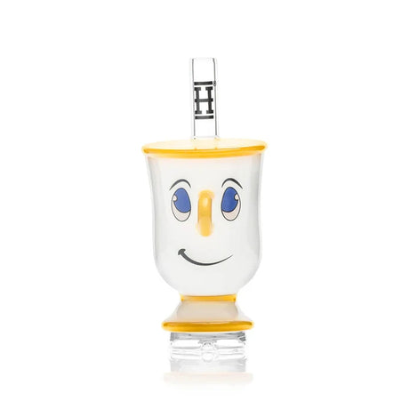 Front view of the HEMPER Tea Cup Peak Top showing blue eyes, a smiling face, and a yellow handle
