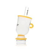 Side view of the HEMPER Tea Cup Peak Top showing its white body, yellow handle, and clear mouthpiece
