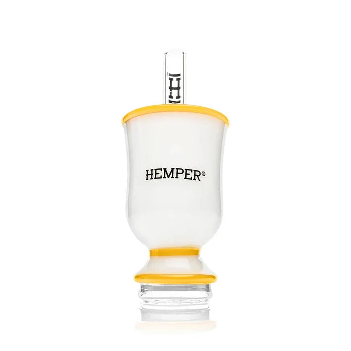 Rear view of the white HEMPER Tea Cup Peak Top with black branding and yellow rim and base accents