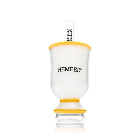Rear view of the white HEMPER Tea Cup Peak Top with black branding and yellow rim and base accents