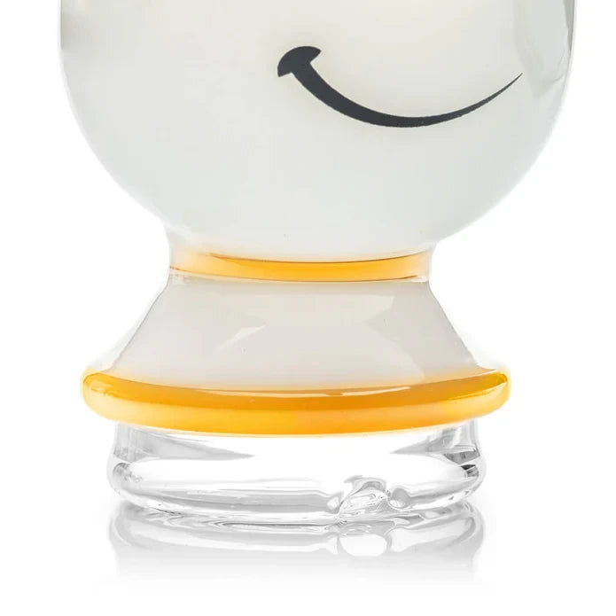 Close-up of the HEMPER Tea Cup Peak Top showing its smiling face, yellow-trimmed base, and clear connection