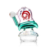 Left-facing profile of the HEMPER Snail Dry Top with green body, tall eyestalk, and spiral shell artwork