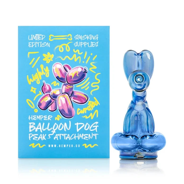 Blue HEMPER Balloon Dog Puffco Peak Top beside its illustrated turquoise retail box