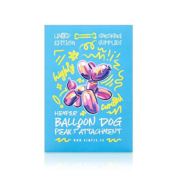 Turquoise HEMPER Balloon Dog Peak Attachment retail box with pink balloon-dog artwork and yellow accents