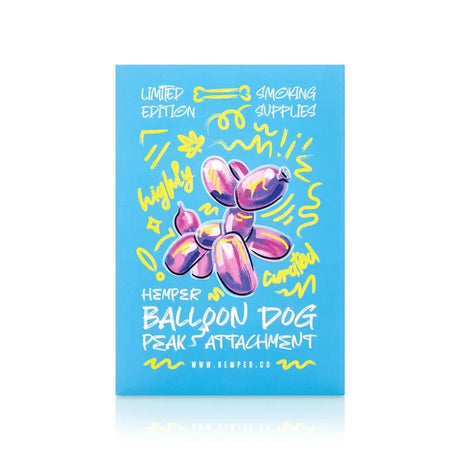 Turquoise HEMPER Balloon Dog Peak Attachment retail box with pink balloon-dog artwork and yellow accents