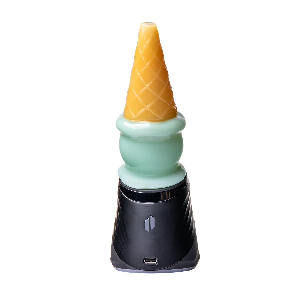 Rear view of mint ice cream Peak glass top installed on black device with chamber visible