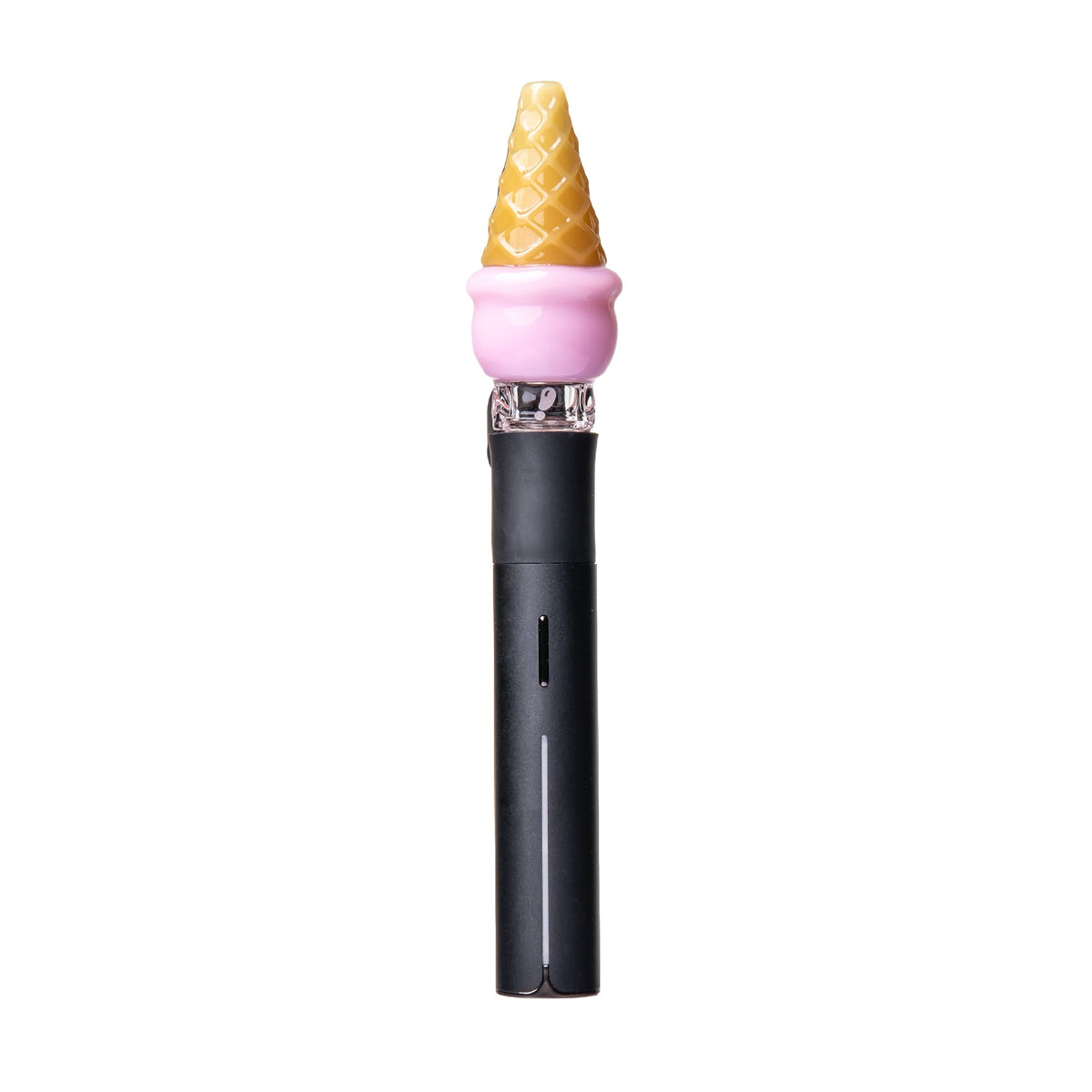 4: Pink ice cream Pivot top on black Pivot device, shown from the side with cone detail and mouthpiece attachment