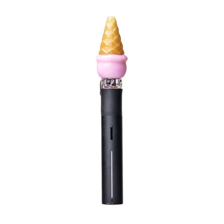 4: Pink ice cream Pivot top on black Pivot device, shown from the side with cone detail and mouthpiece attachment