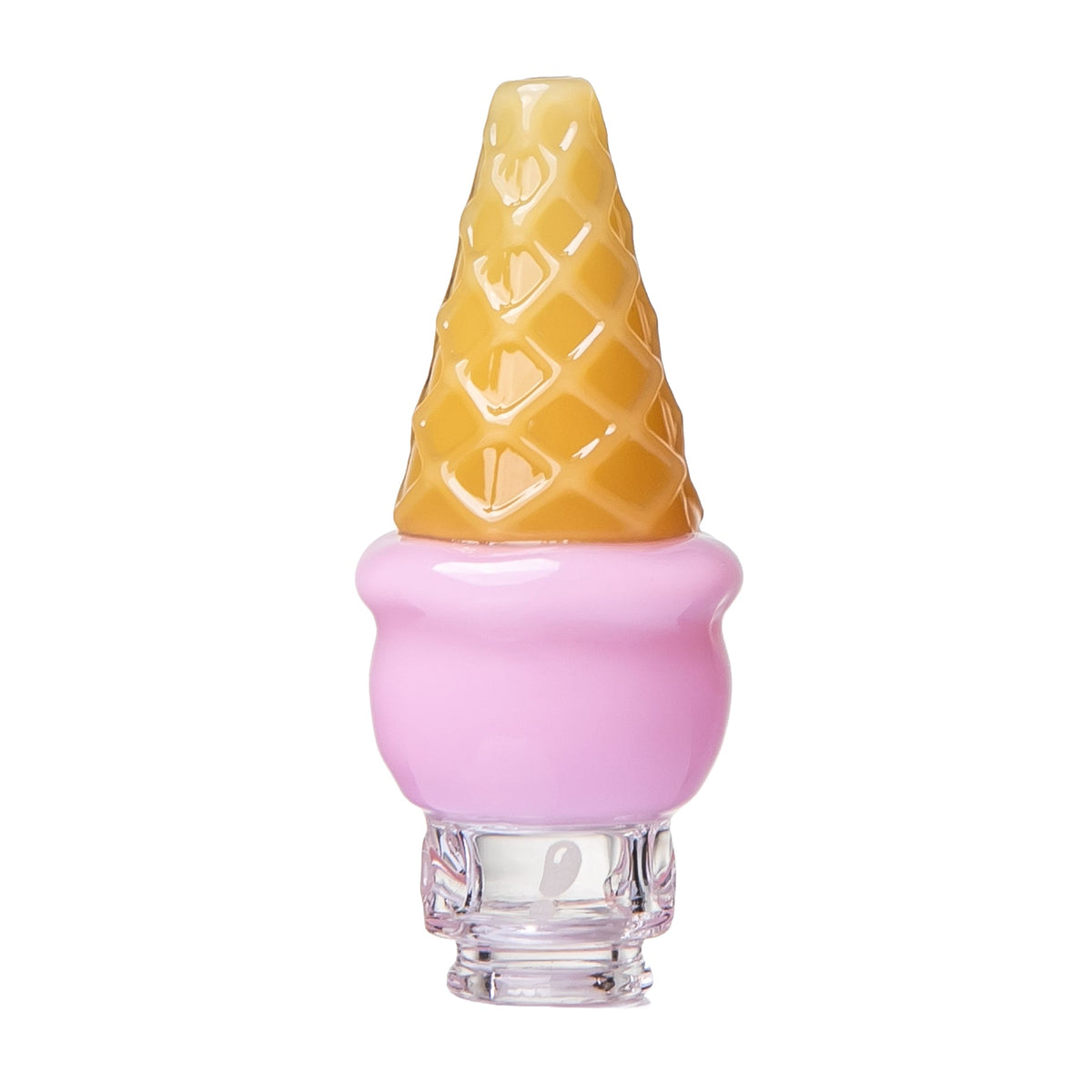 Pink ice cream Pivot top with yellow textured cone, rounded scoop body, and clear borosilicate base