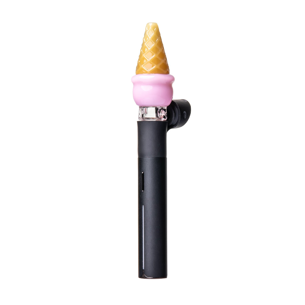 Pink ice cream Pivot top attached to a black Pivot device with waffle cone tip and clear glass base