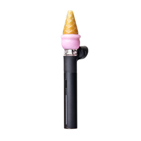 Pink ice cream Pivot top attached to a black Pivot device with waffle cone tip and clear glass base