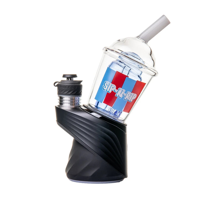 BigFun! Sip-N-Dip Peak glass top mounted on a black device with clear cup body, blue insert and red-blue graphic