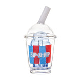 BigFun! Sip-N-Dip Peak glass top front view with clear cup body, blue interior, domed lid and angled mouthpiece