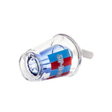 BigFun! Sip-N-Dip Peak glass top laid on its side showing clear cup body, blue insert and SIP-N-RIP graphic