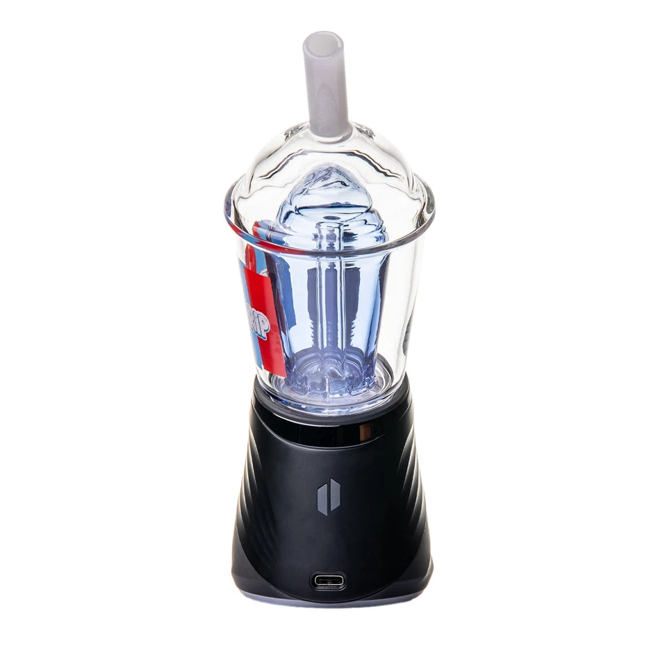 BigFun! Sip-N-Dip Peak glass top mounted upright on a black device with blue inner chamber and clear domed lid