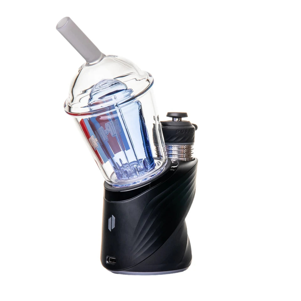 Rear view of BigFun! Sip-N-Dip Peak glass top on a black device showing blue chamber and clear cup body