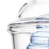 Close-up of BigFun! Sip-N-Dip Peak glass top thick clear rim, domed lid styling and blue inner glass