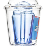 Rear close-up of BigFun! Sip-N-Dip Peak glass top showing blue inner chamber, vertical airpath and clear body