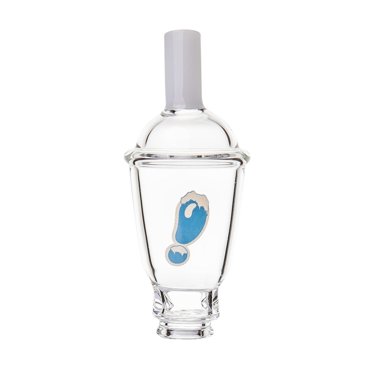 BigFun! Sip-N-Dip Pivot glass top installed on black device, side angle showing clear chamber and mouthpiece