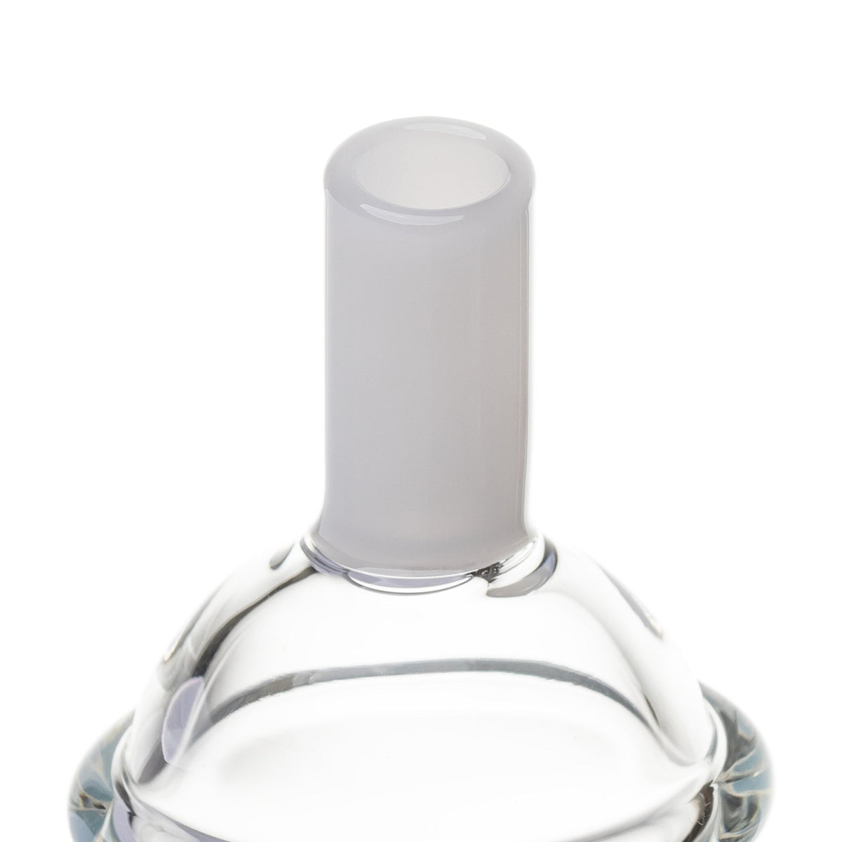 Close-up of BigFun! Sip-N-Dip Pivot glass top frosted mouthpiece rising from the clear domed chamber