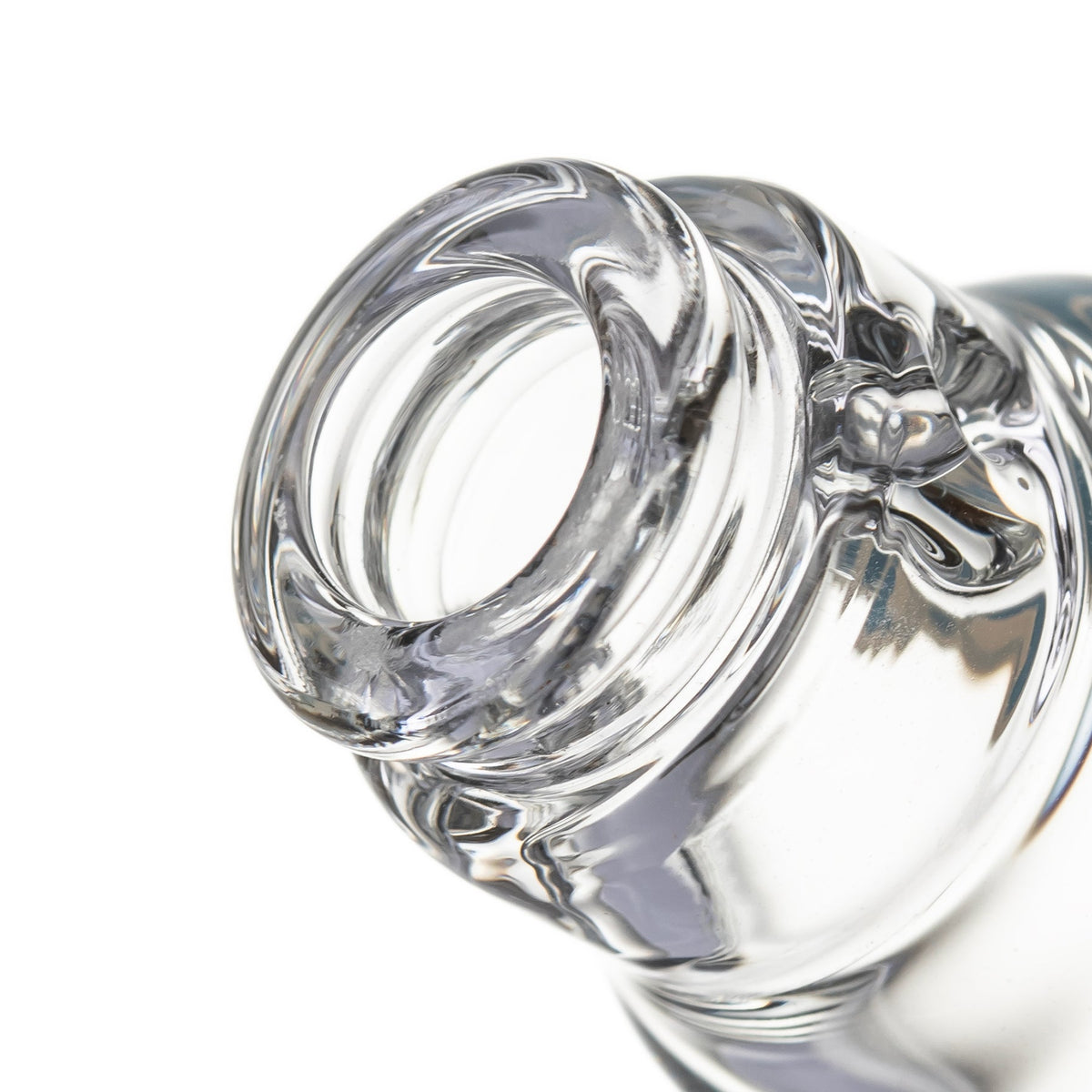 Close-up of BigFun! Sip-N-Dip Pivot glass top base opening showing thick clear borosilicate glass connection