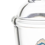 Close-up of BigFun! Sip-N-Dip Pivot glass top showing thick clear glass rim and domed upper chamber