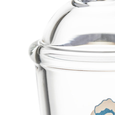 Close-up of BigFun! Sip-N-Dip Pivot glass top showing thick clear glass rim and domed upper chamber