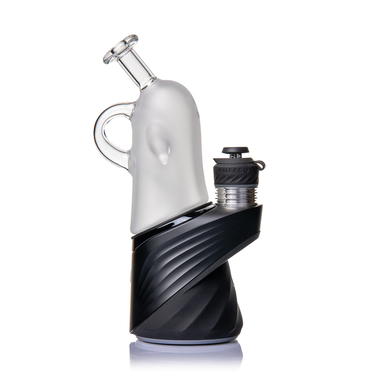 MJ Arsenal Specter Peak glass top installed on a black Puffco Peak with frosted ghost profile and clear handle