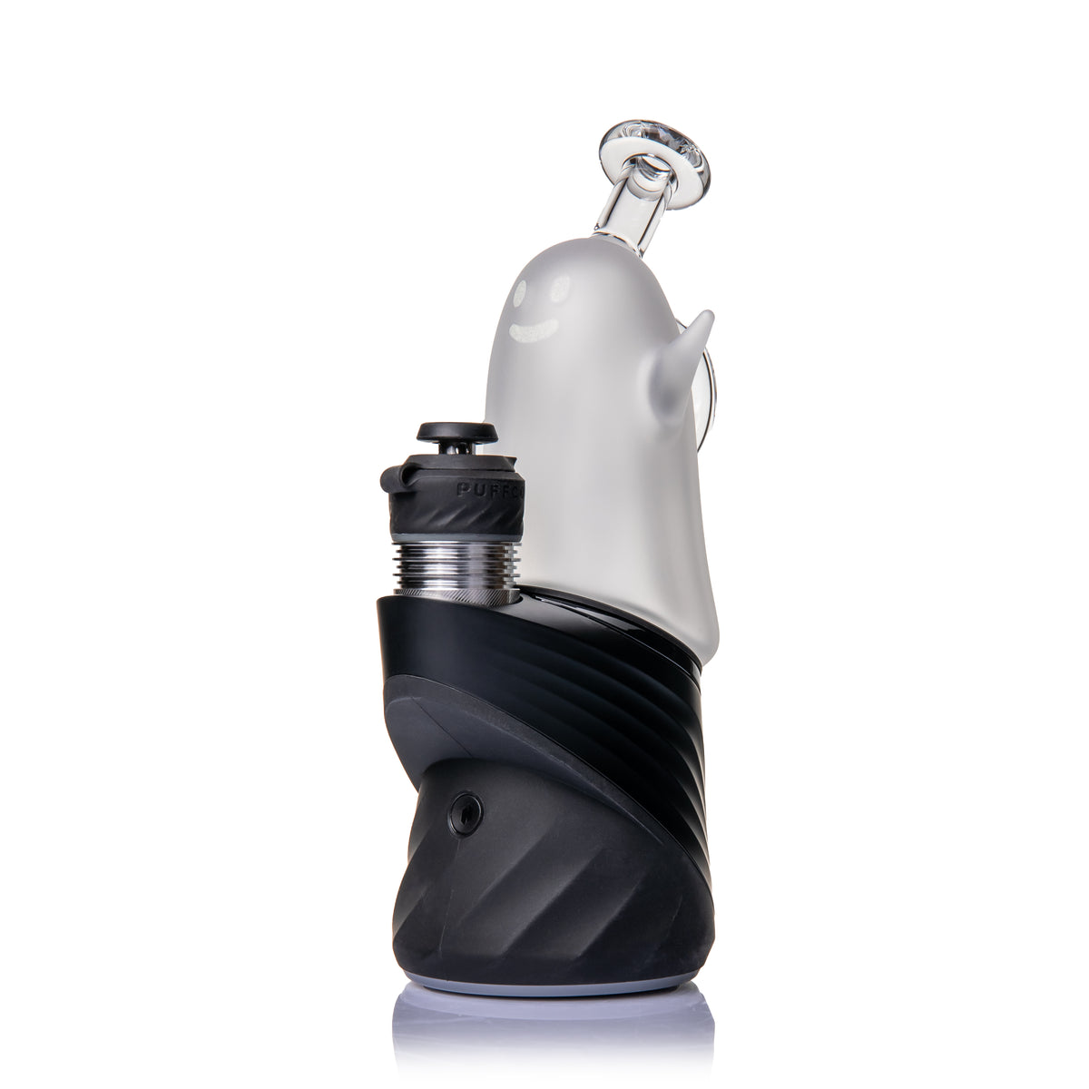 MJ Arsenal Specter Peak glass top on a black Puffco Peak, showing smiling ghost face and raised arm detail
