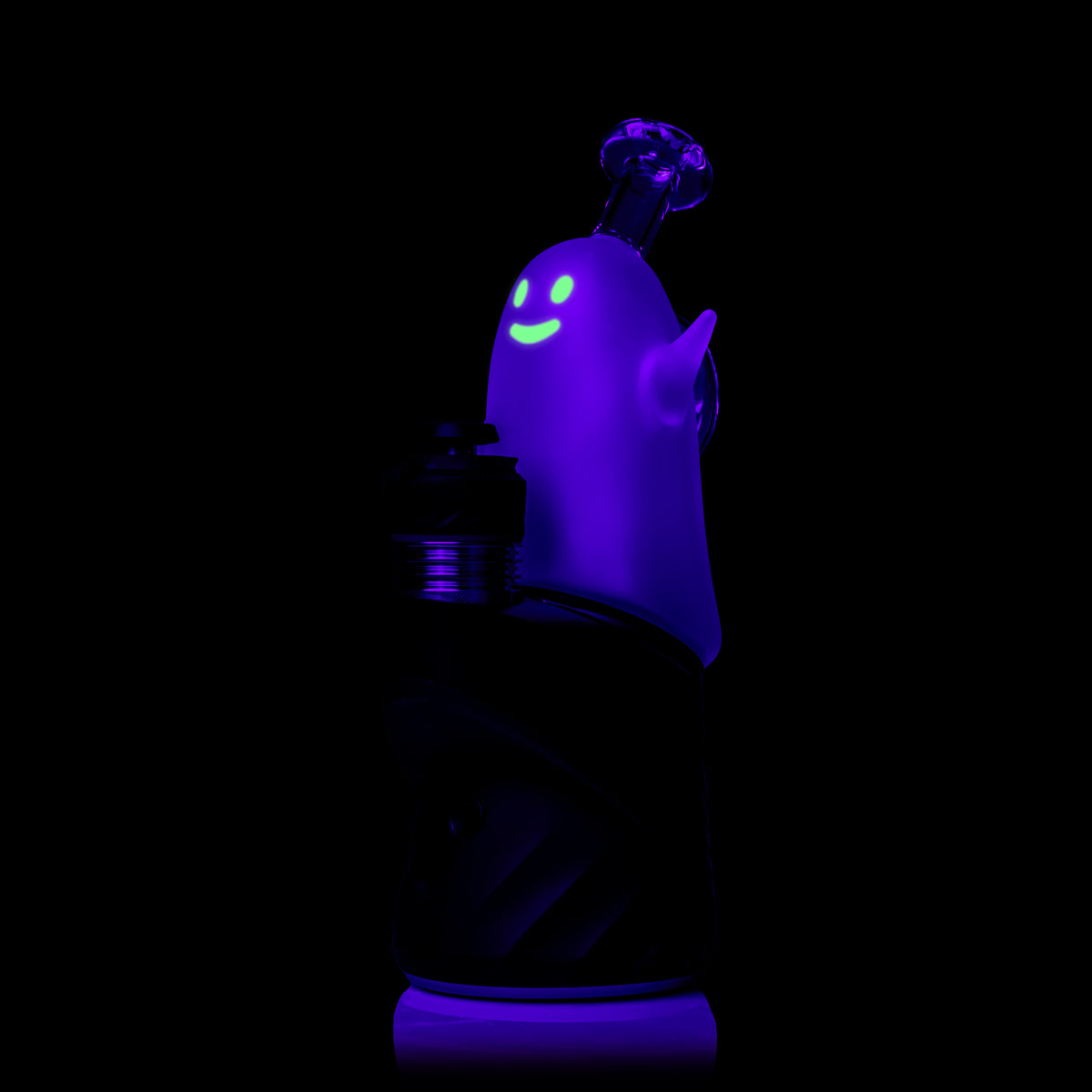 MJ Arsenal Specter Peak glass top glowing purple under UV light with bright green smiling ghost face
