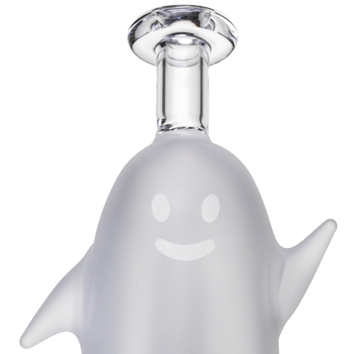 MJ Arsenal Specter Peak glass top face detail with smiling frosted ghost features and clear flared mouthpiece