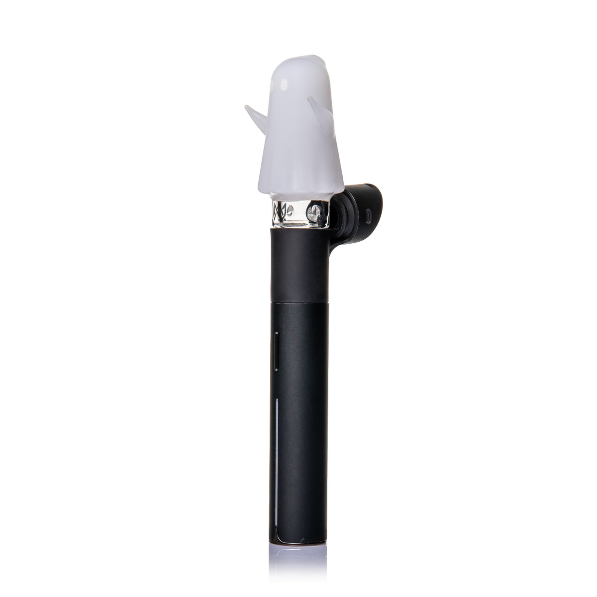 Angled MJ Arsenal Specter Pivot glass attachment mounted on black Puffco Pivot with clear branded base