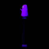 Angled UV view of MJ Arsenal Specter Pivot glass attachment with purple glow and luminous green eyes