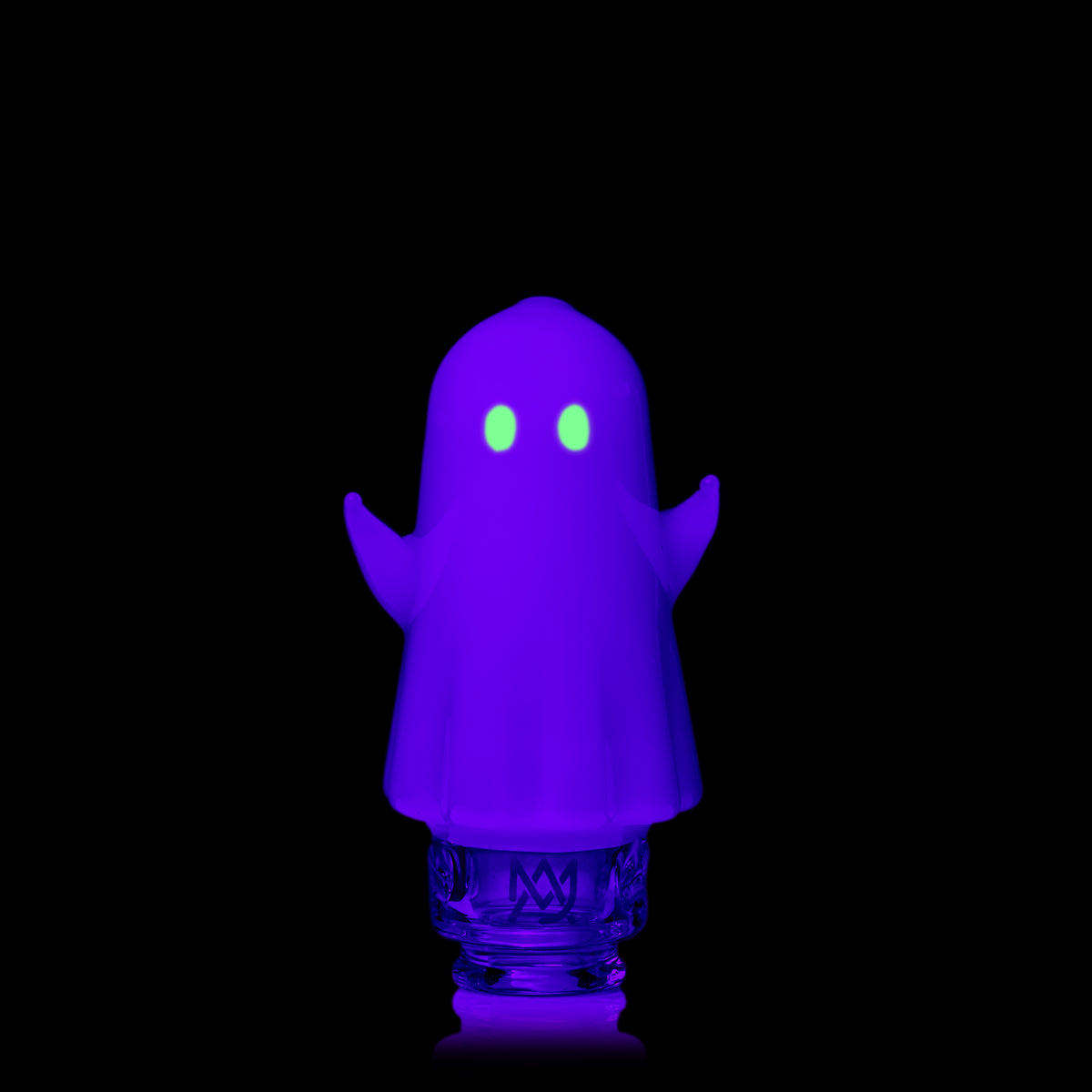 Close-up MJ Arsenal Specter Pivot glass attachment under UV light with glowing green eyes and raised arms