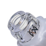 Close-up of MJ Arsenal Specter Pivot glass attachment clear base showing device opening and MJ logo